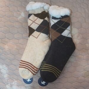 Argyle Patterned Socks - Cream and Black Sherpa Fleece-Lined Slipper Socks with